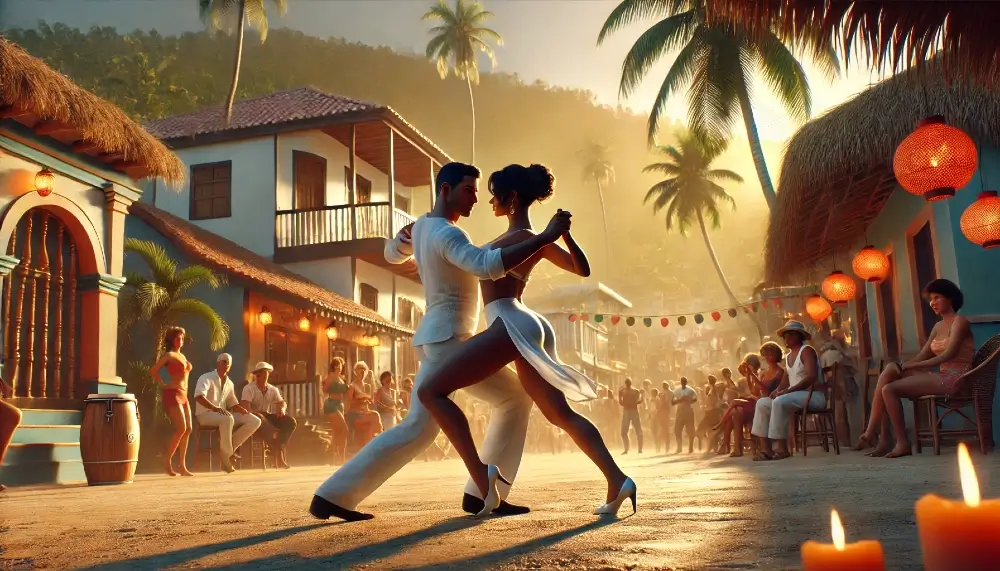 Historia de la bachata - Pareja bailando bachata al atardecer en un entorno tropical