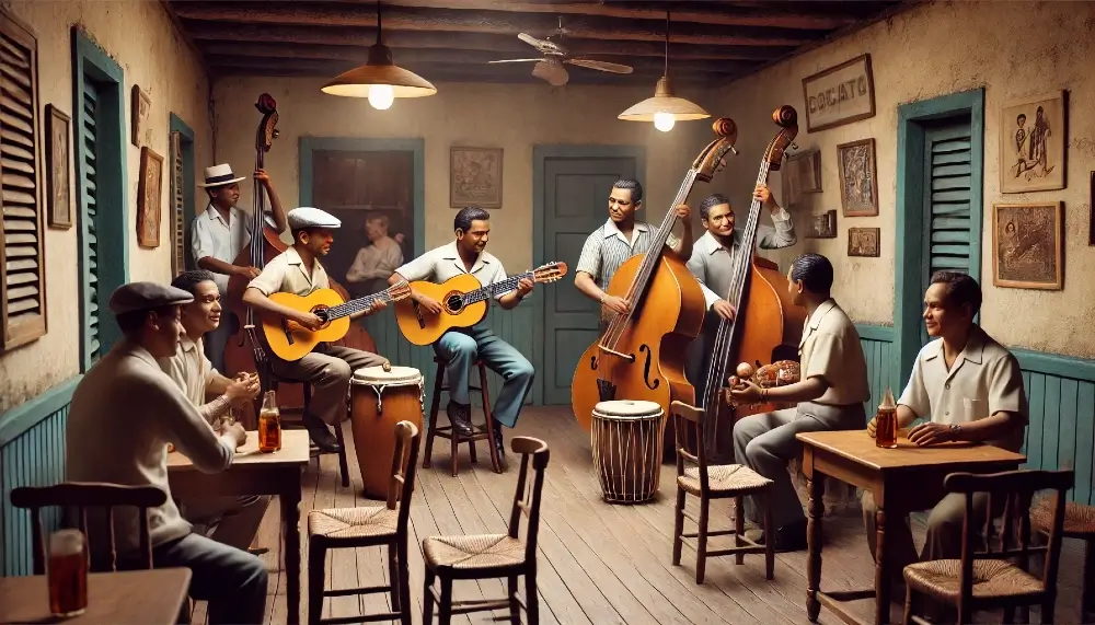 Banda de bachata tocando en un pequeño bar dominicano en los años 60