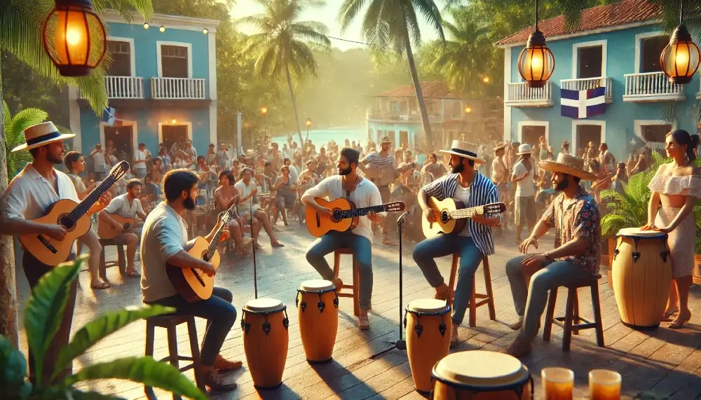 Músicos tocando bachata tradicional al aire libre en República Dominicana