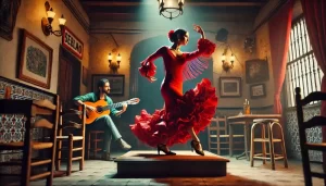 Historia del flamenco - Una bailaora de flamenco en un tablao, capturando la pasión y movimiento de la danza.