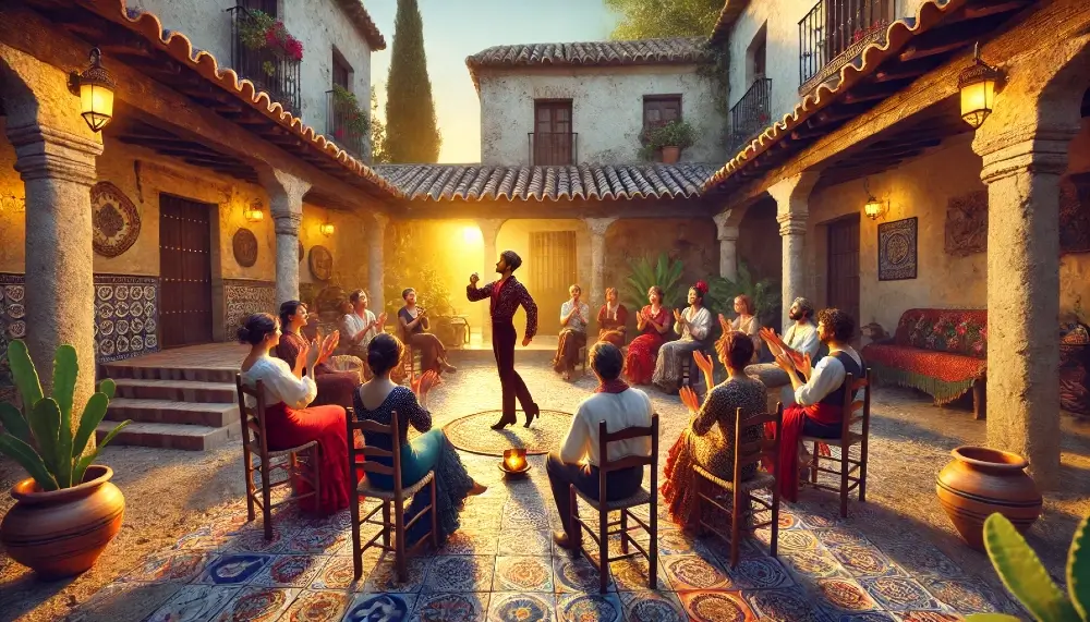 Una reunión íntima de flamenco en un patio andaluz al atardecer, con un grupo aplaudiendo al ritmo del baile.