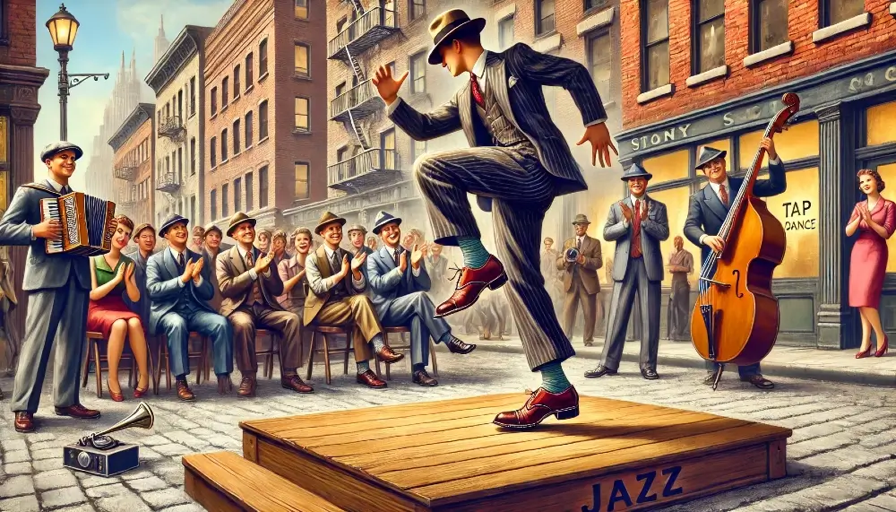 Actuación de tap dance en la calle en los años 40, influenciada por el jazz.