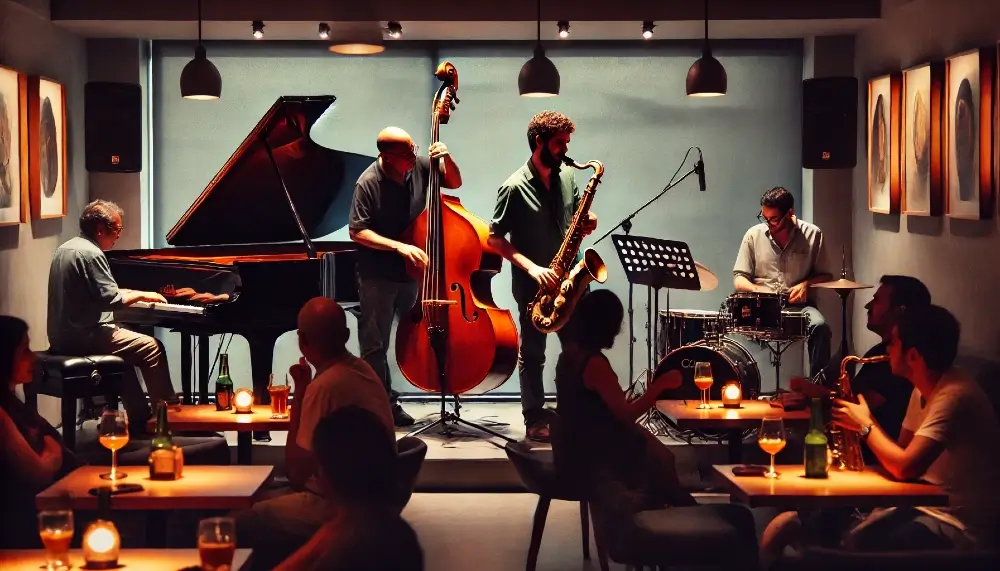 Bar de jazz moderno, con una banda tocando y el público disfrutando de la música.