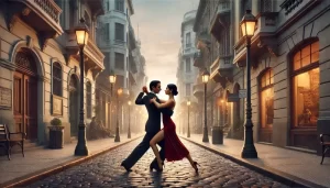 Historia del tango -Una pareja bailando tango en una calle tradicional de Buenos Aires.