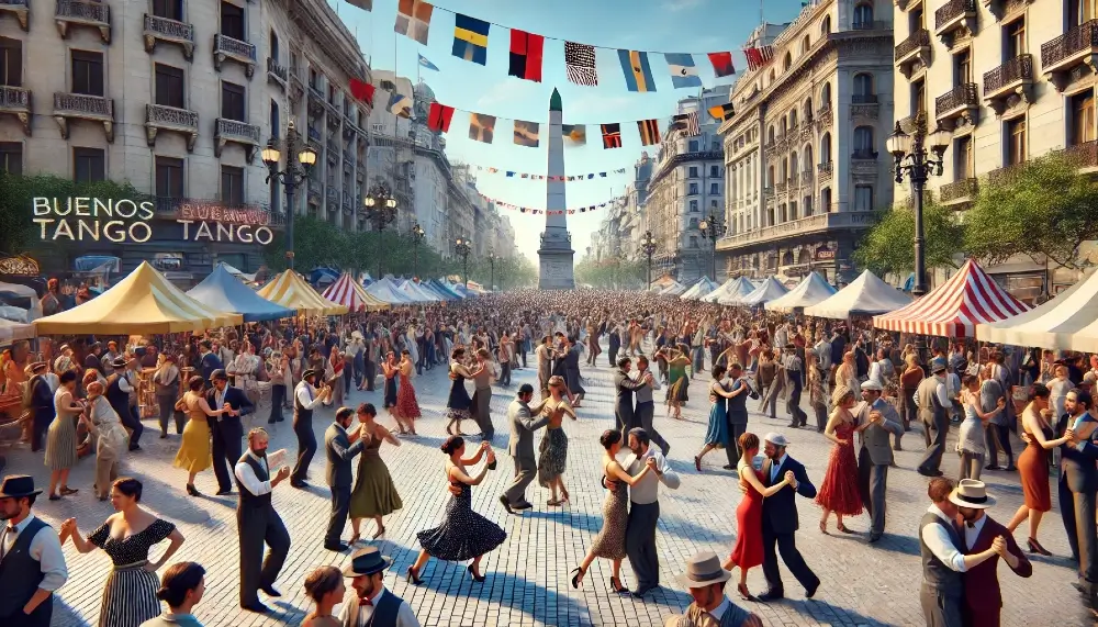 Un festival de tango en una calle de Buenos Aires, lleno de energía y color.
